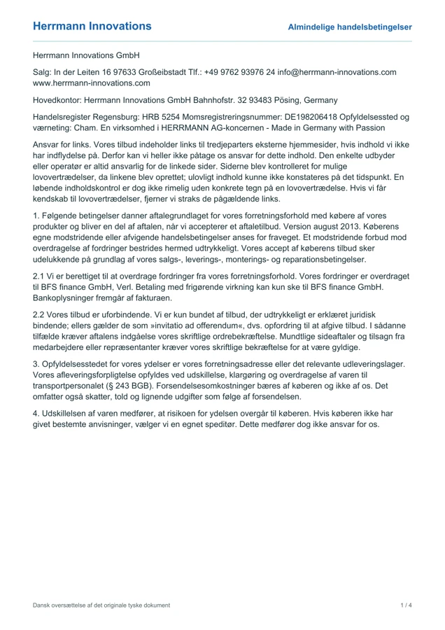 Almindelige handelsbetingelser, oversat side 1 af 4. Indholdet findes også i tekstvisningen.