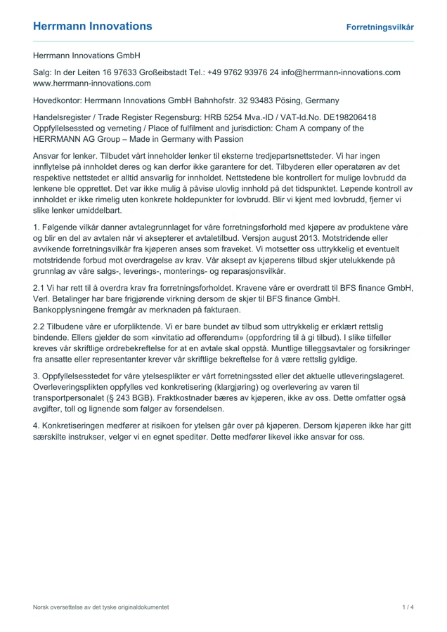 Generelle forretningsvilkår, oversatt side 1 av 4. Innholdet er også tilgjengelig i tekstvisning.
