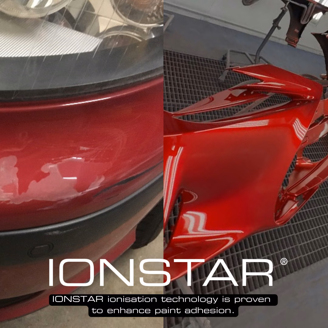 Red vehicle with a plastic bumper