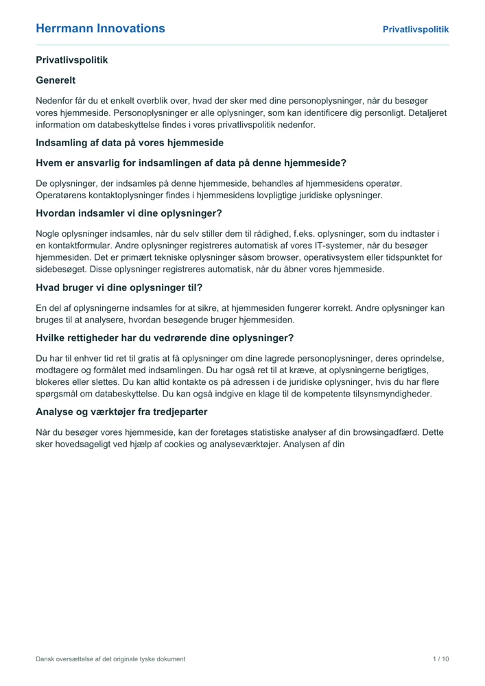 Forside af Herrmann Innovations’ privatlivspolitik på dansk