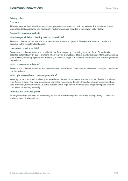 Cover of Herrmann Innovations' privacy policy