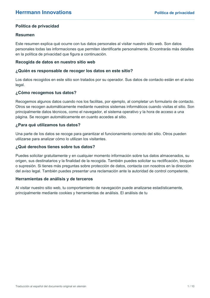 Portada de la política de privacidad de Herrmann Innovations