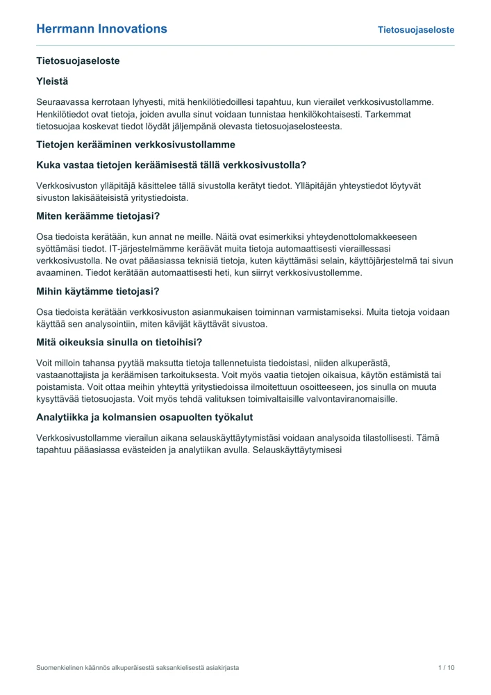 Herrmann Innovationsin suomenkielisen tietosuojaselosteen kansilehti