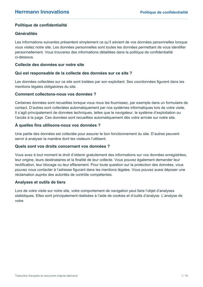 Couverture de la politique de confidentialité de Herrmann Innovations