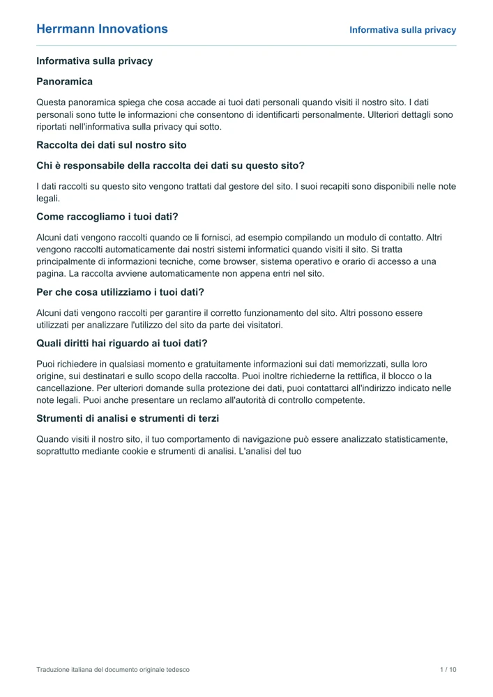 Copertina dell'informativa sulla privacy di Herrmann Innovations