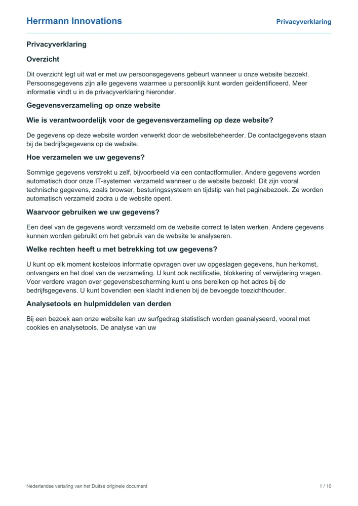 Omslag van de privacyverklaring van Herrmann Innovations