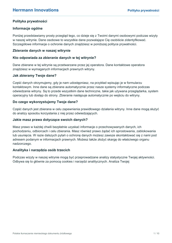Okładka polskiego tłumaczenia polityki prywatności Herrmann Innovations