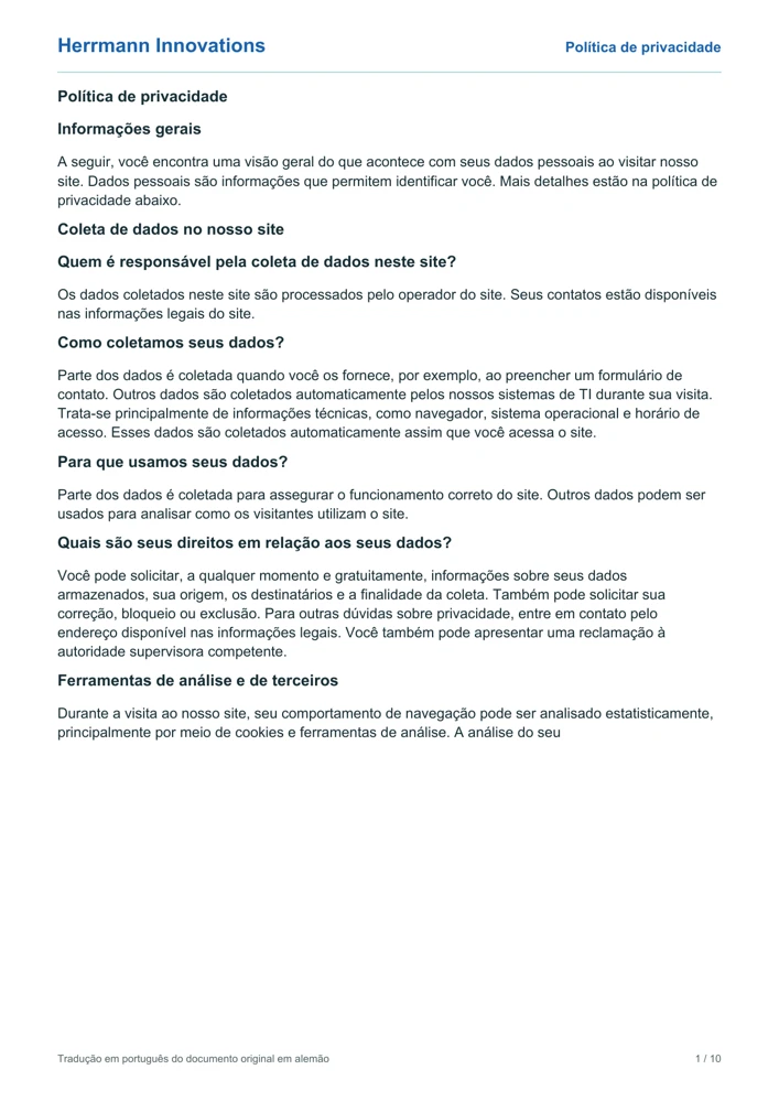 Capa da tradução em português da política de privacidade da Herrmann Innovations
