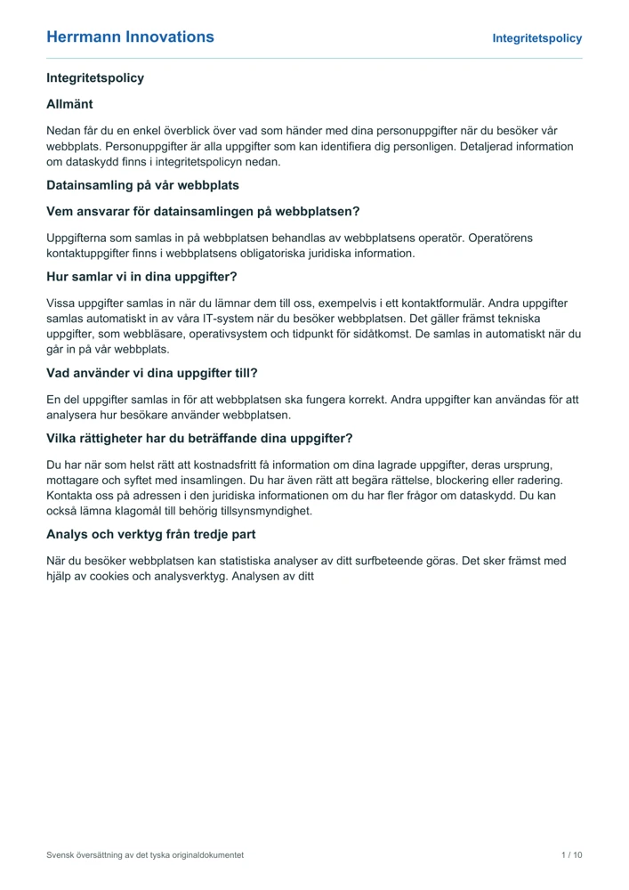 Framsidan av Herrmann Innovations ursprungliga integritetspolicy