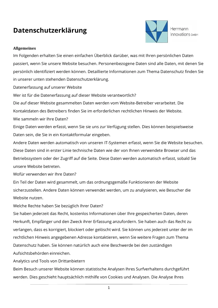 Titelseite der originalen Datenschutzerklärung von Herrmann Innovations